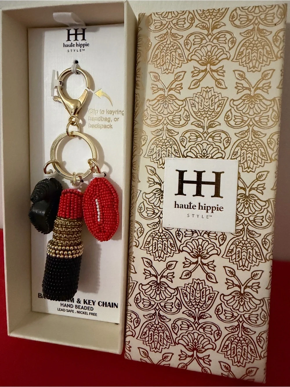 Haute Hippie Red and Black Beaded Lipstick Keychain